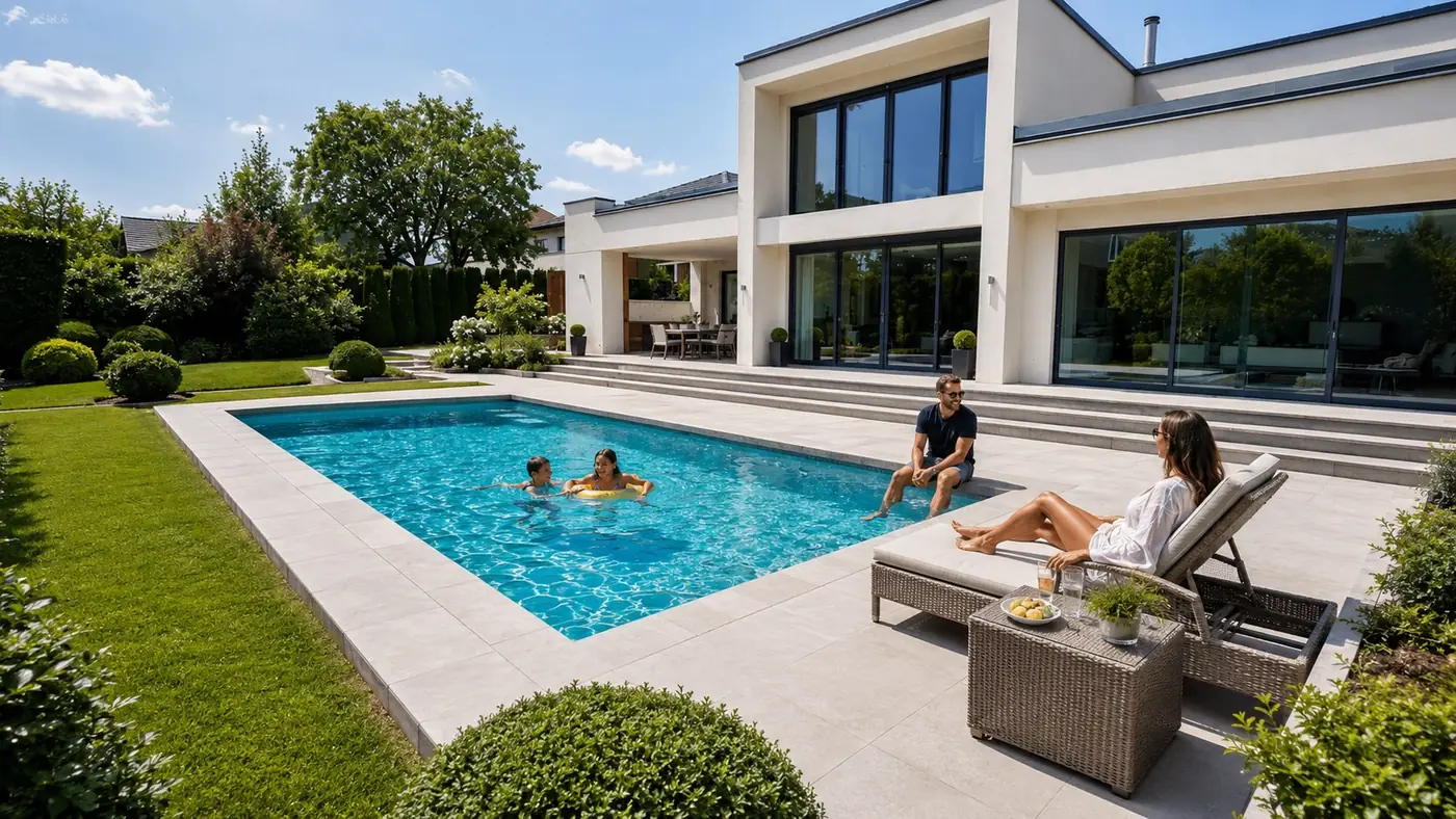 Photovoltaikanlage und Energiesystem an einem modernen Wohnhaus.