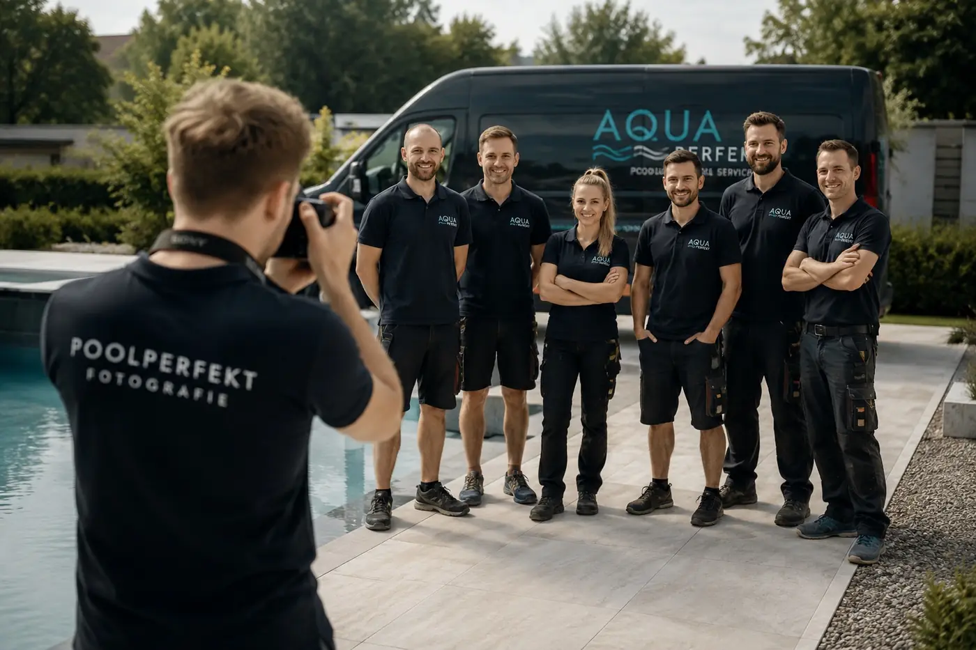 Team-Fotoshooting: Team eines Elektrobetriebs vor dem Firmenfahrzeug.